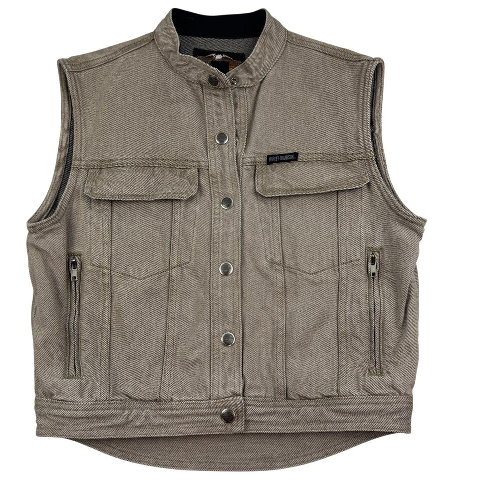 Harley-Davidson Tan Denim Snap Button Moto Embroidered Vest Men's Size Medium